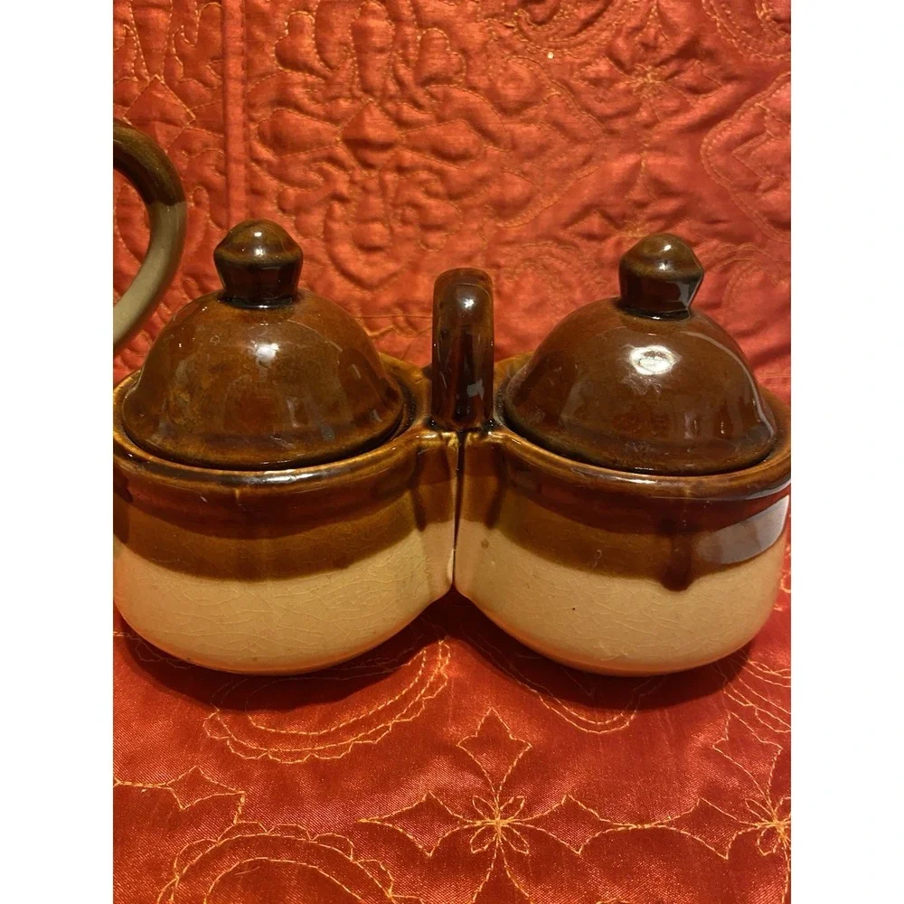 Vintage Brown Stoneware Milk Pitcher, Condiment Holder, Early‎ 20th Century
